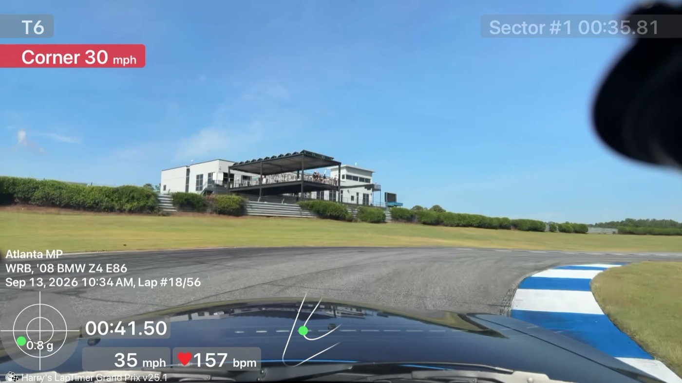 The E86 at the T6 apex on the 1:41.440 PB lap