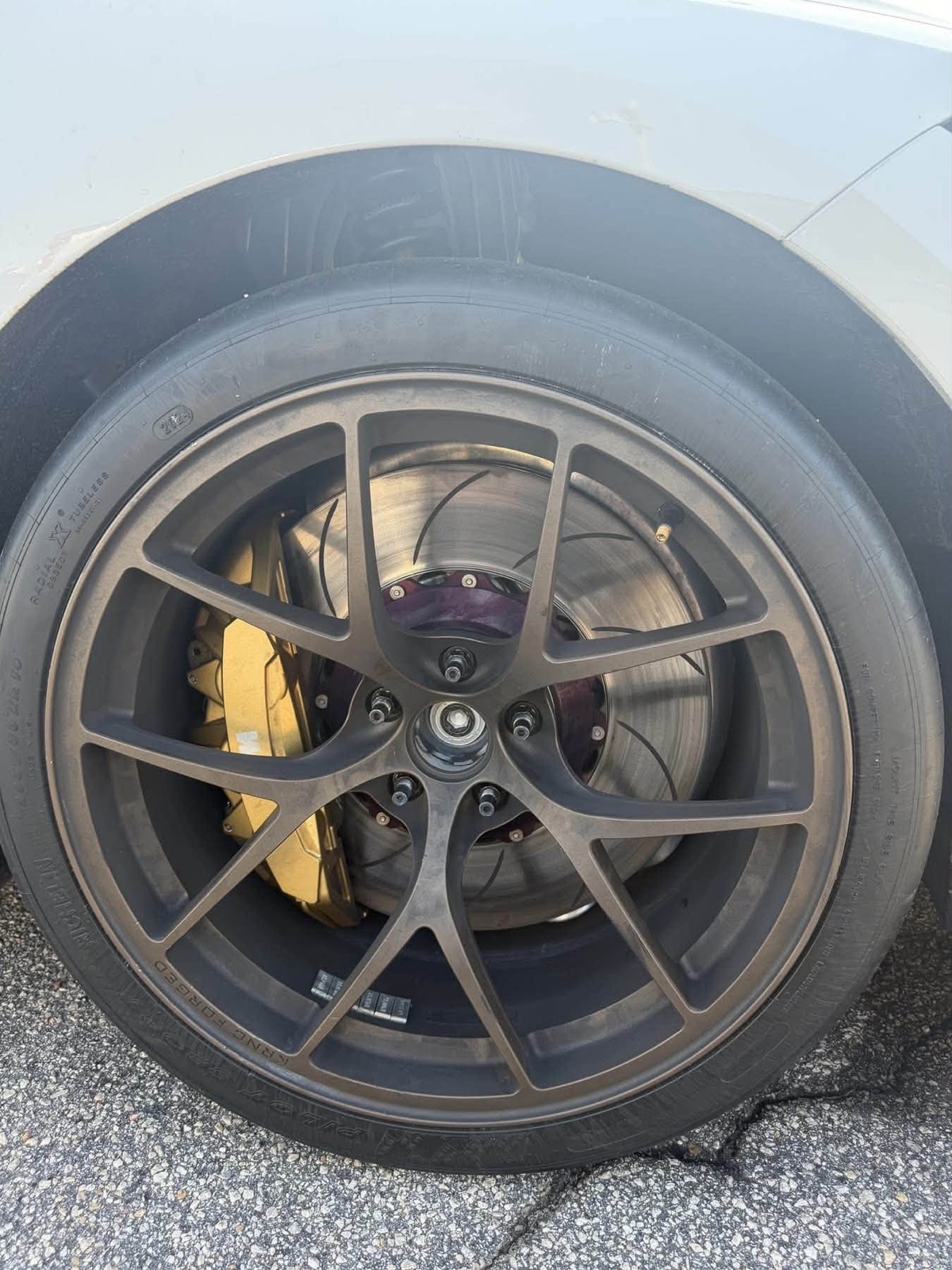 KRNC forged wheel on Michelin slick over Girodisc rotor and gold Carbotech-fed caliper