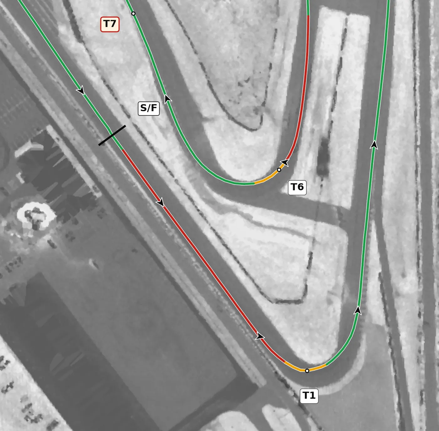 Atlanta MP T1 race line close-up: Downhill: −7.4% at the apex.