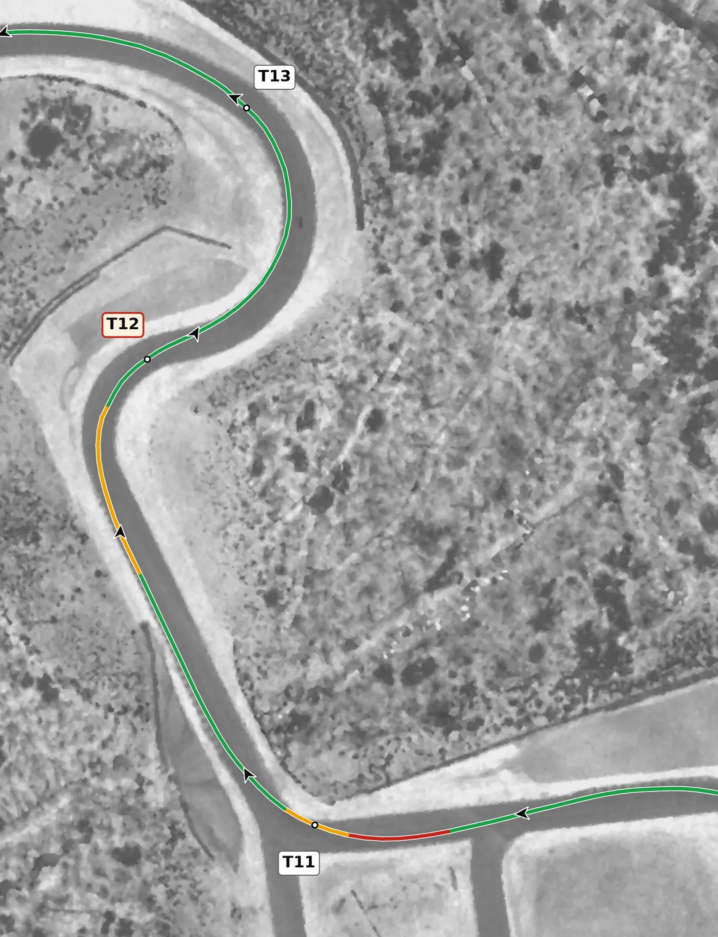 Atlanta MP T12 race line close-up: Climbs 17 m from entry to apex, and it is mildly off camber (−0.8%) at the top.