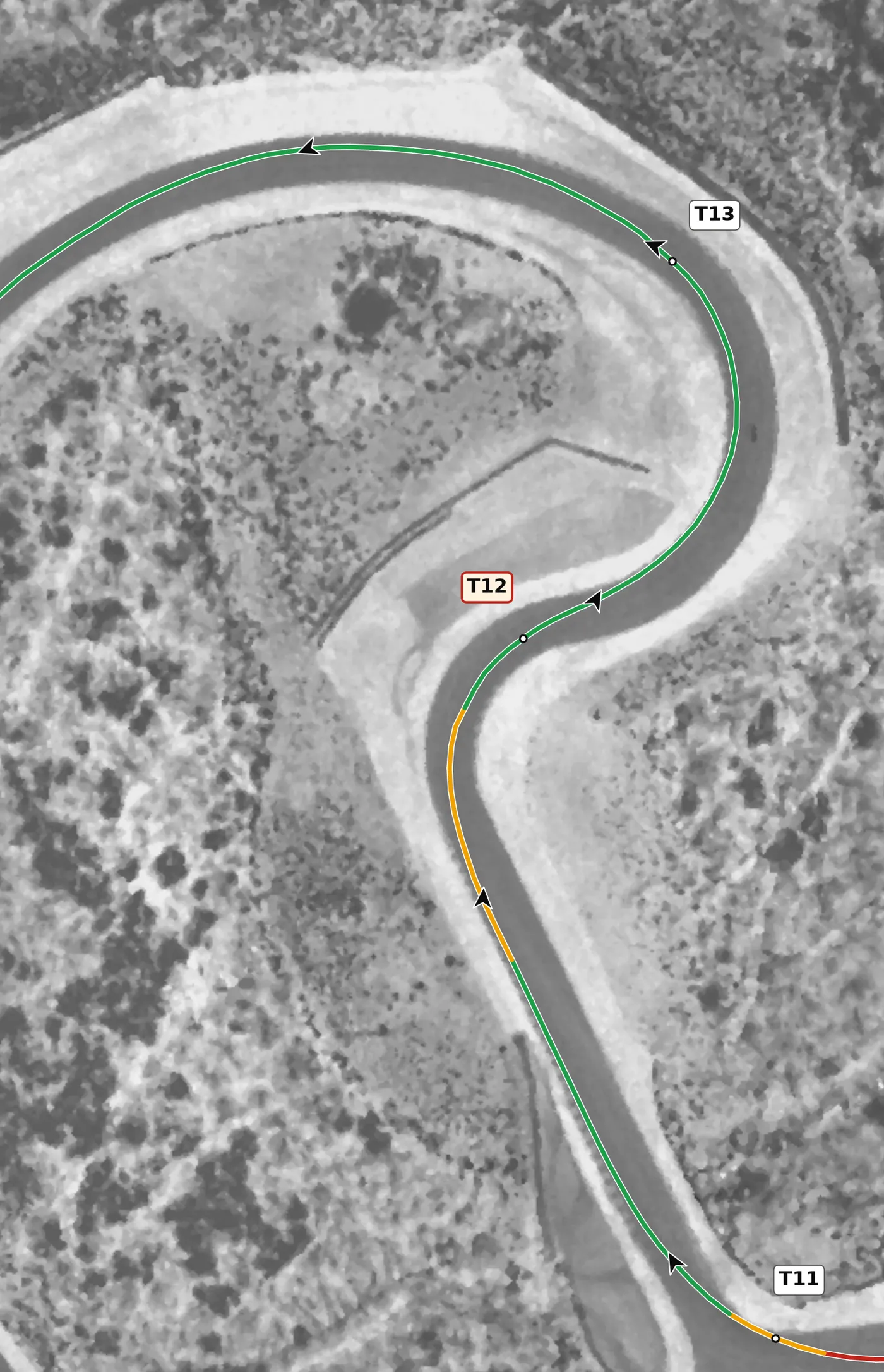 Atlanta MP T13 race line close-up: The biggest crest on the lap is on the way in.