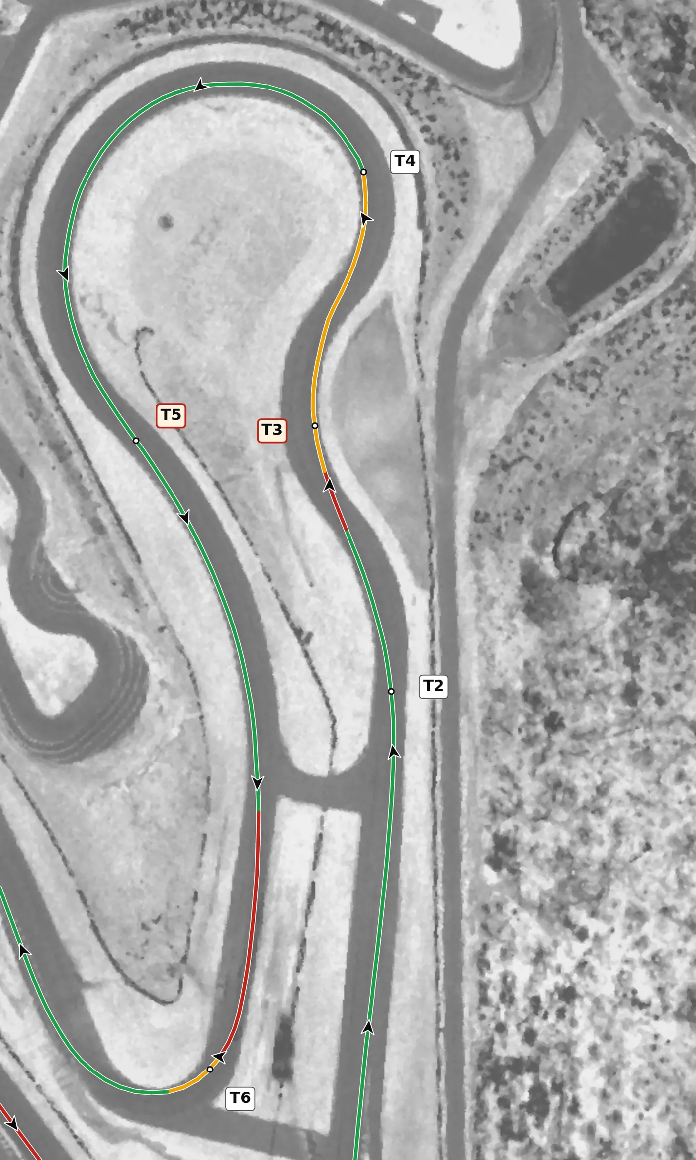 Atlanta MP T3 race line close-up: The most off-camber apex on the lap (−3.3%), in a compression.