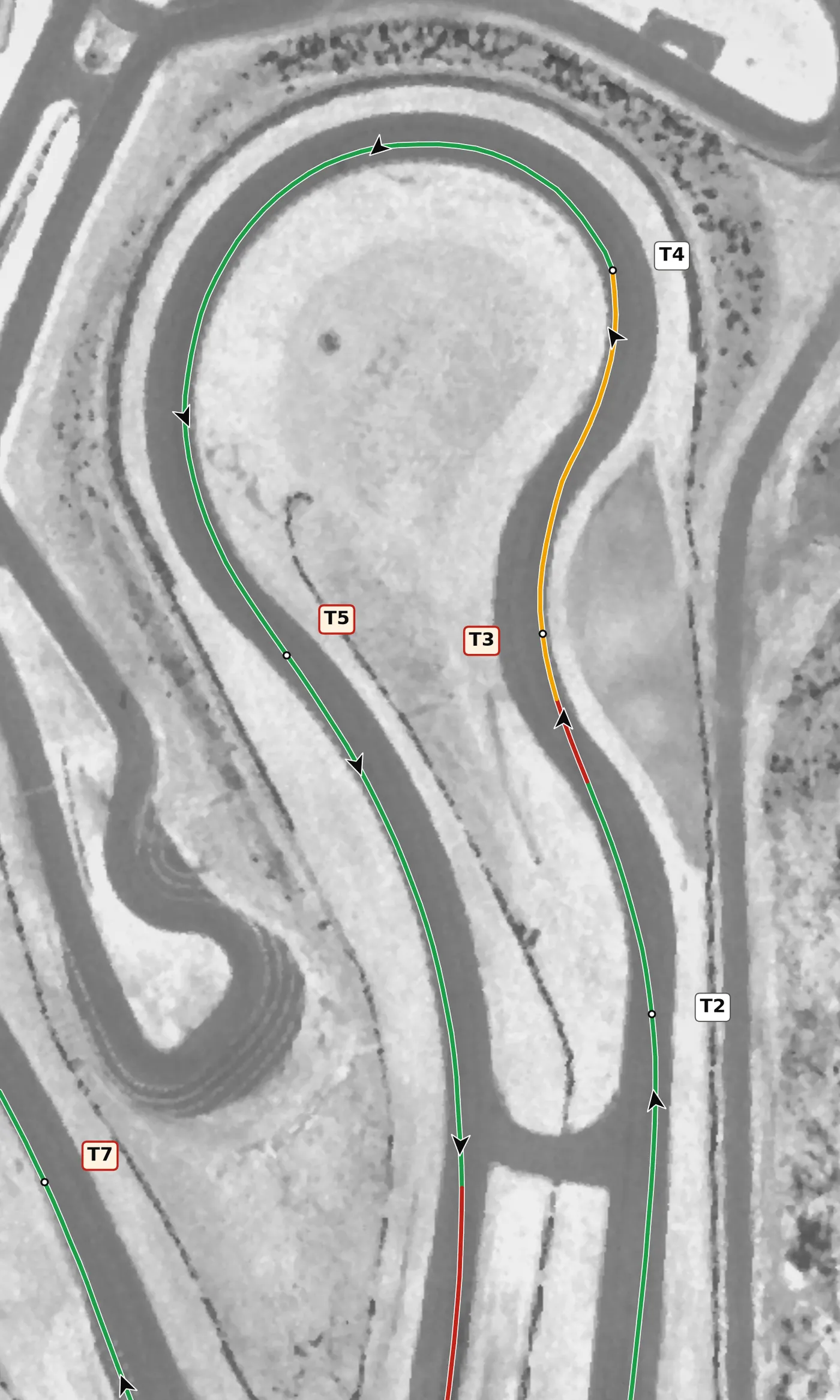Atlanta MP T4 race line close-up: The Carousel. Climbs at 11% at the apex, and the lap's highest point (431 m) is inside it.