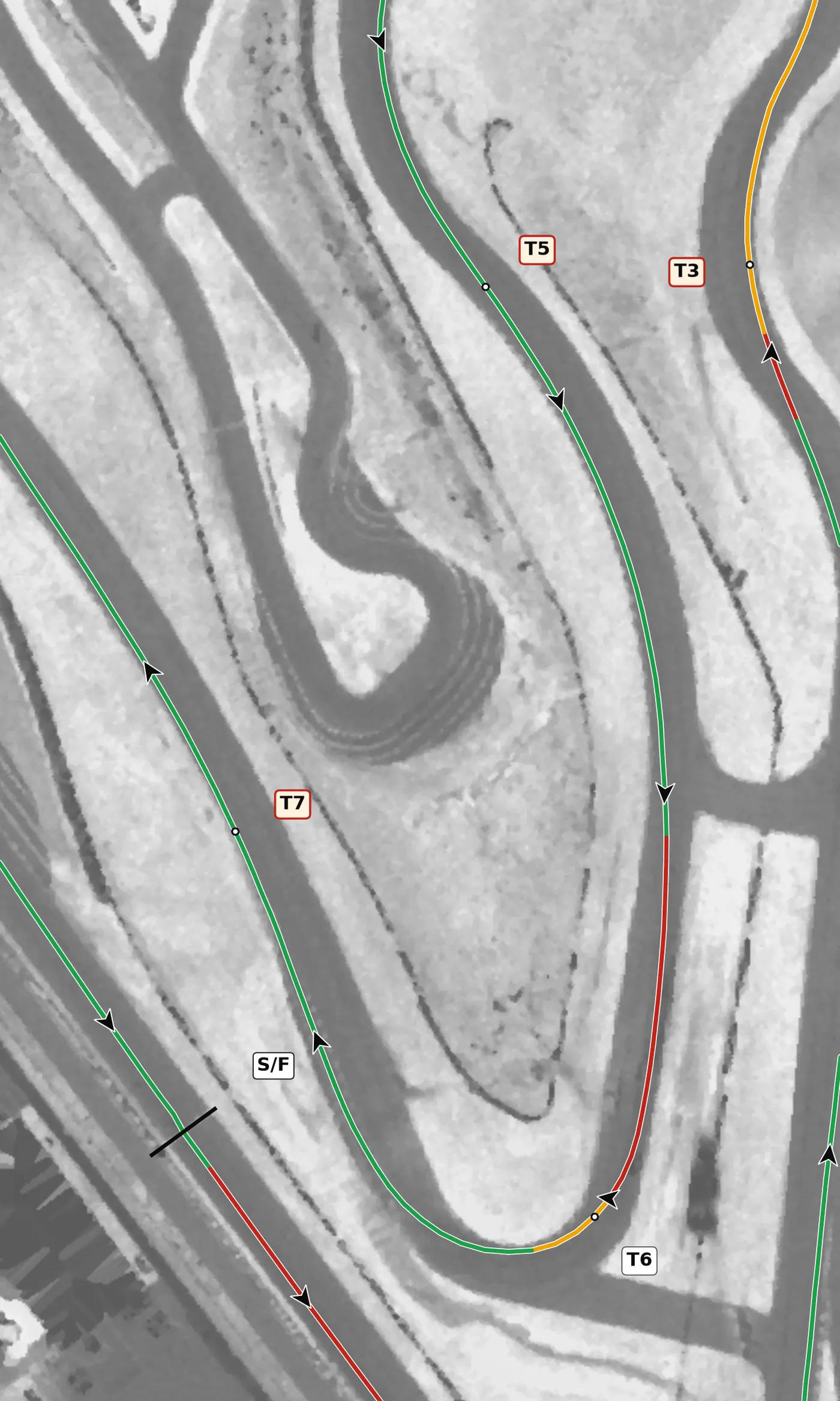 Atlanta MP T6 race line close-up: The most banked apex on the lap (+4.1%), over a crest.