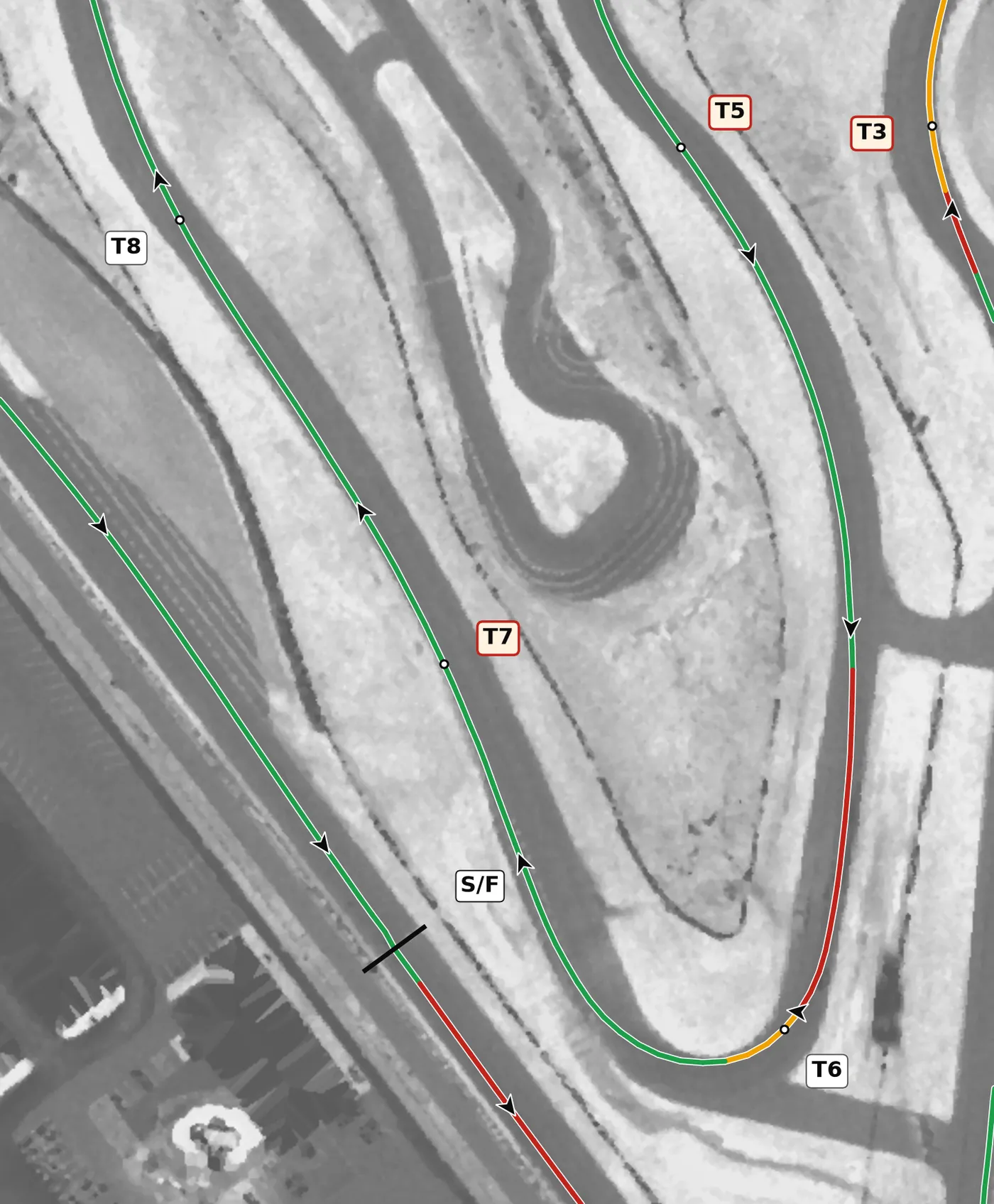 Atlanta MP T7 race line close-up: Off camber at the apex (−1.9%).
