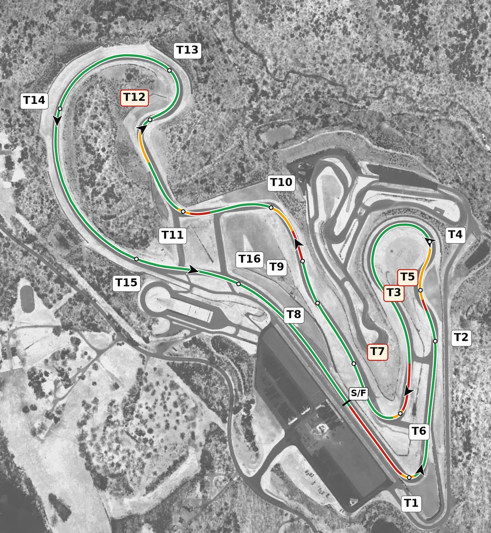 Atlanta MP full-lap race line map, driven counter-clockwise, colored by throttle, lift and braking