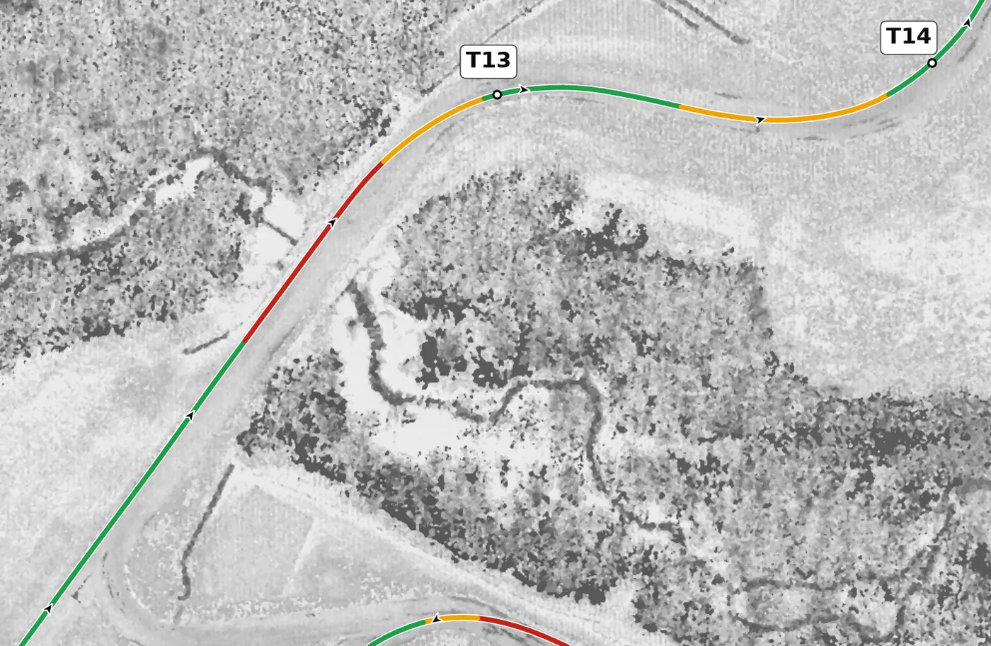 Autobahn (Full) T13 race line close-up: The crest on the link road before it is the one real vertical feature at Autobahn: at speed it takes a noticeable share of the car's weight off over the top (from the LiDAR profile).