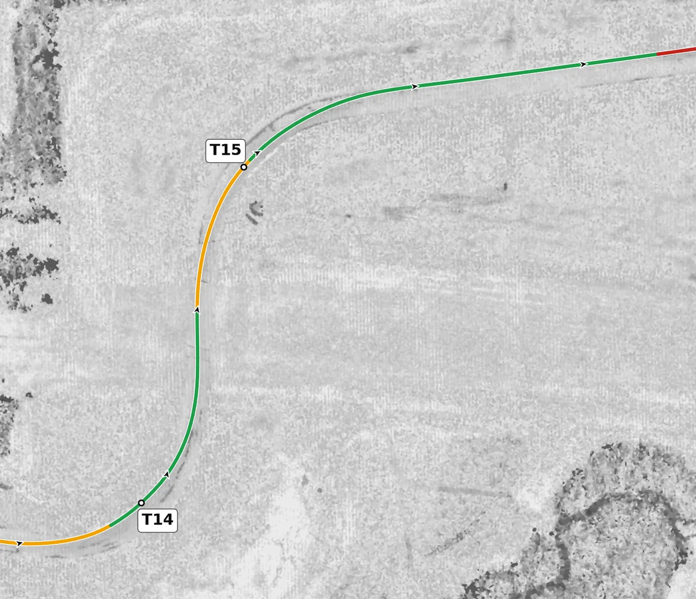 Autobahn (Full) T15 race line close-up: Barely banked: +0.5% at the apex.