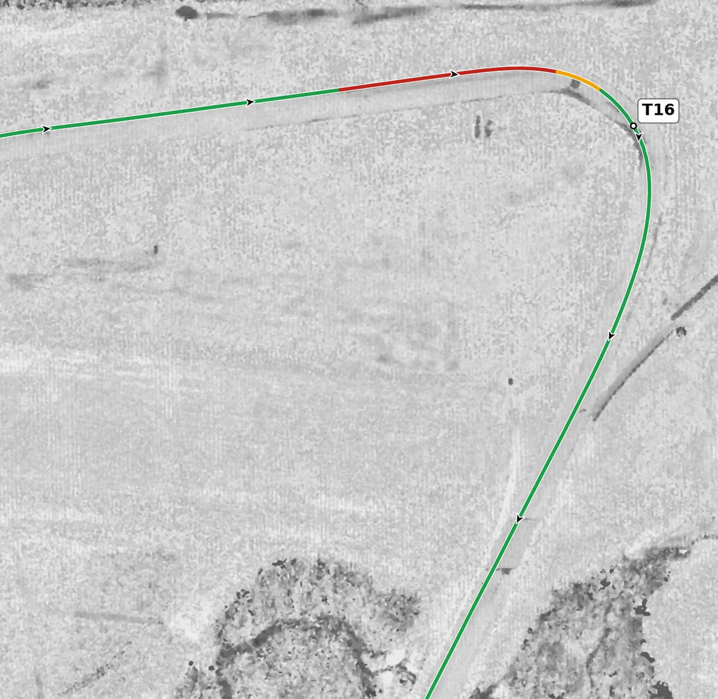 Autobahn (Full) T16 race line close-up: The highest point on the lap (186.5 m) is just after the apex.