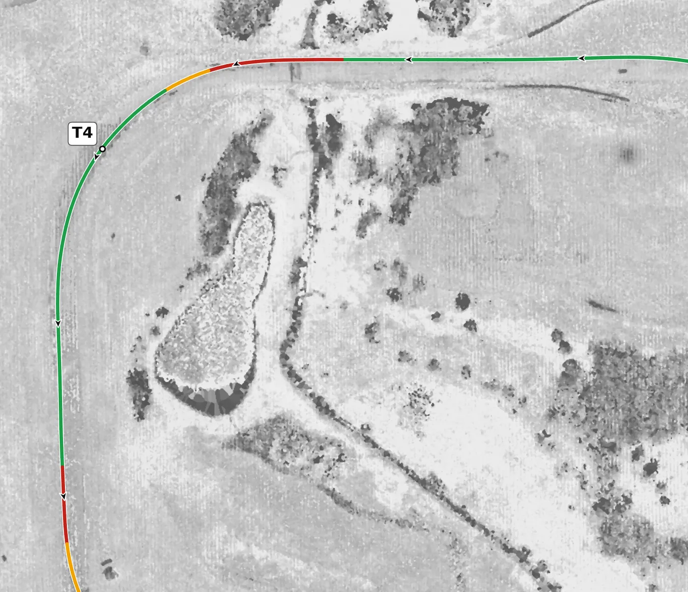 Autobahn (Full) T4 race line close-up: Banked +3.2% at the apex; climbs about 1.6 m to the exit from the lowest part of the lap.