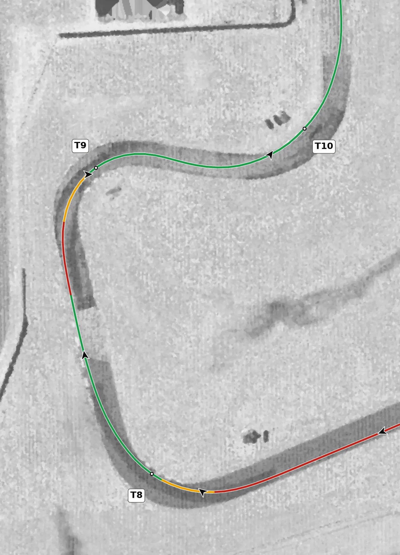 Autobahn (Full) T9 race line close-up: Banked +3.1% at the apex.