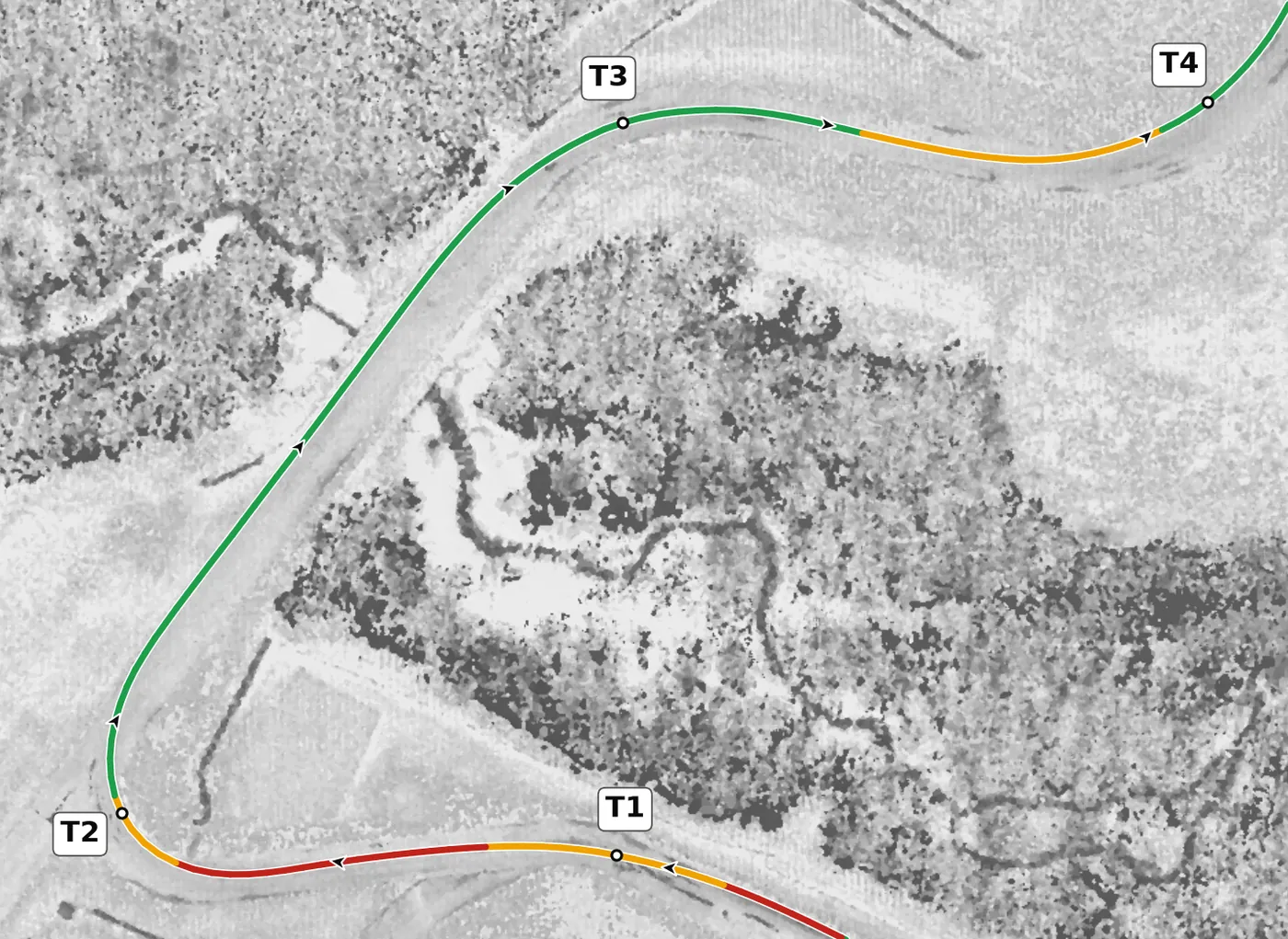 Autobahn (North) T3 race line close-up: Banked +2.6% at the apex; the lowest point on the lap (181.1 m) is here.