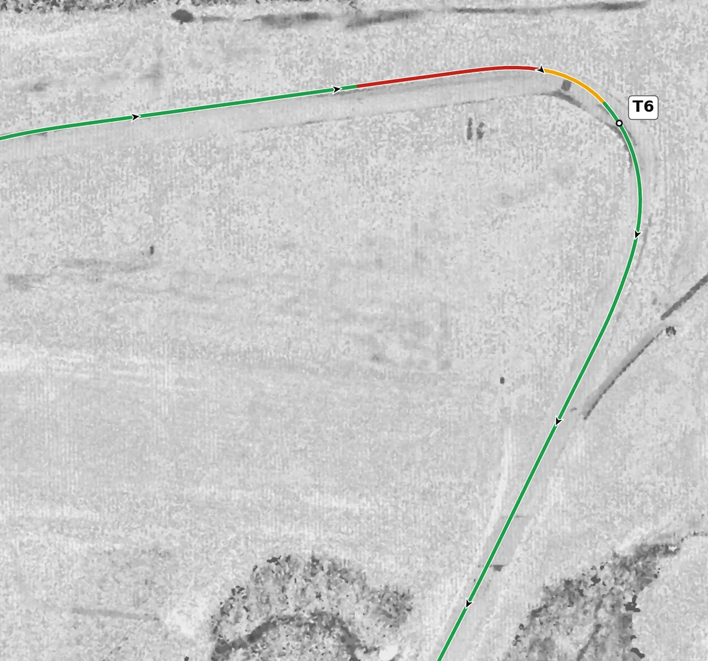 Autobahn (North) T6 race line close-up: The highest point on the lap (186.5 m) is in this corner.