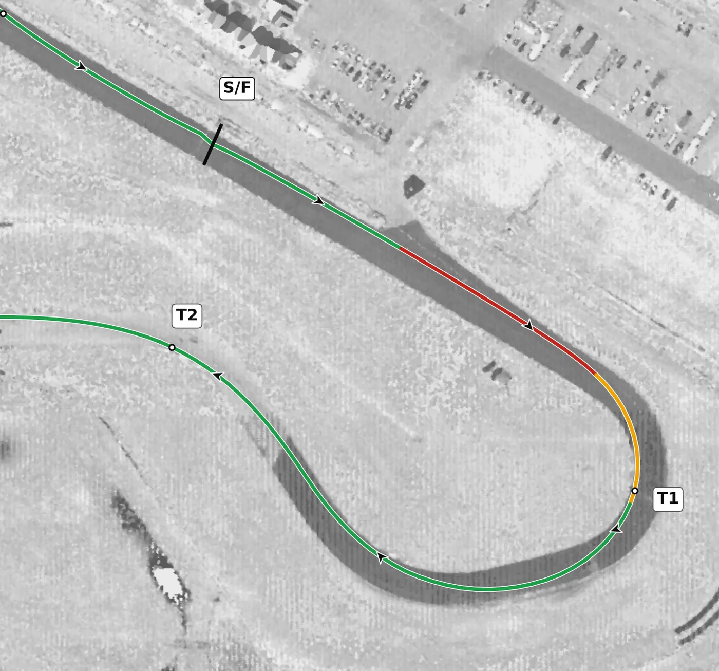 Autobahn (South) T1 race line close-up: The most banked apex on the South lap (+3.3%); the highest point on the lap is on its exit.