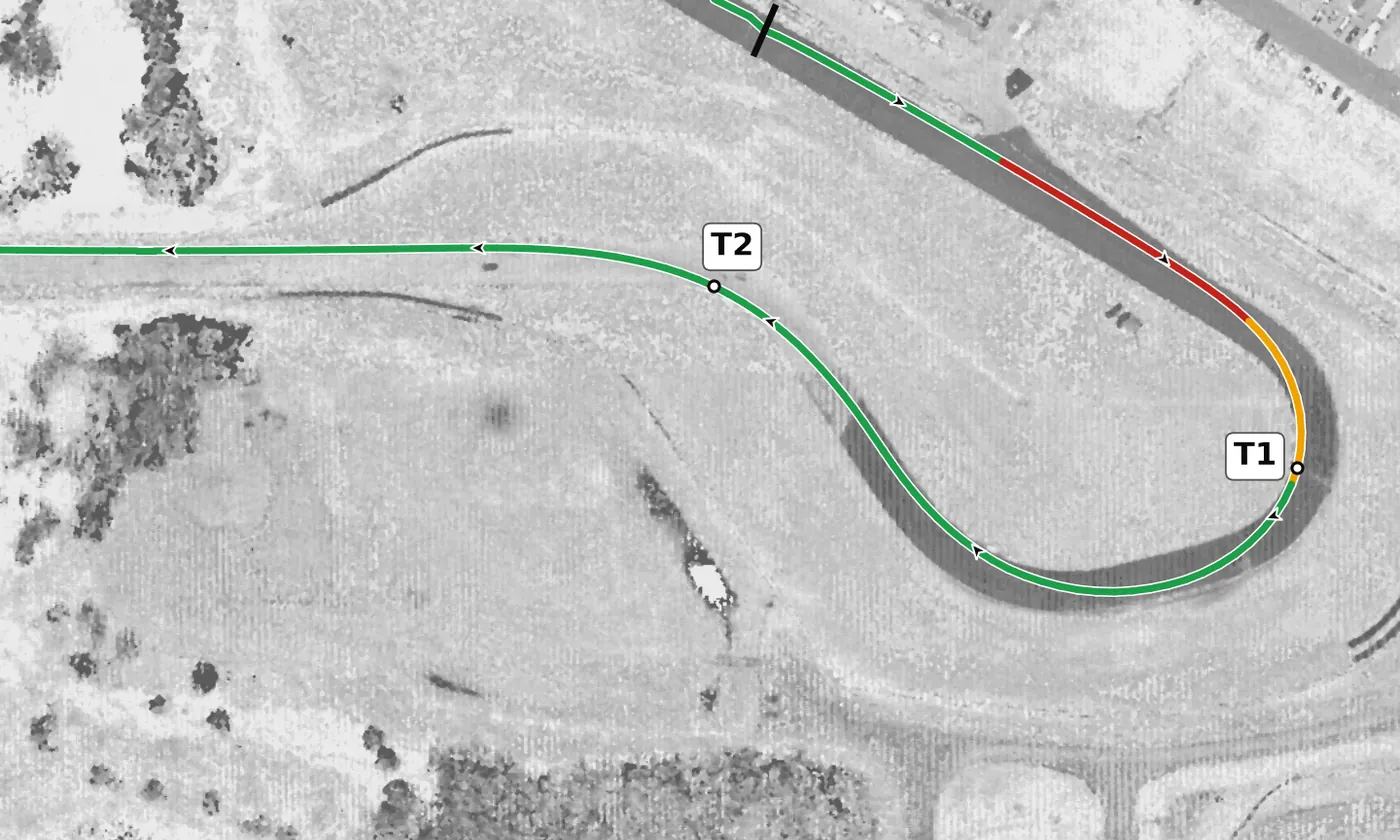 Autobahn (South) T2 race line close-up: Falls 0.6 m to the apex and 1.5 m after it.