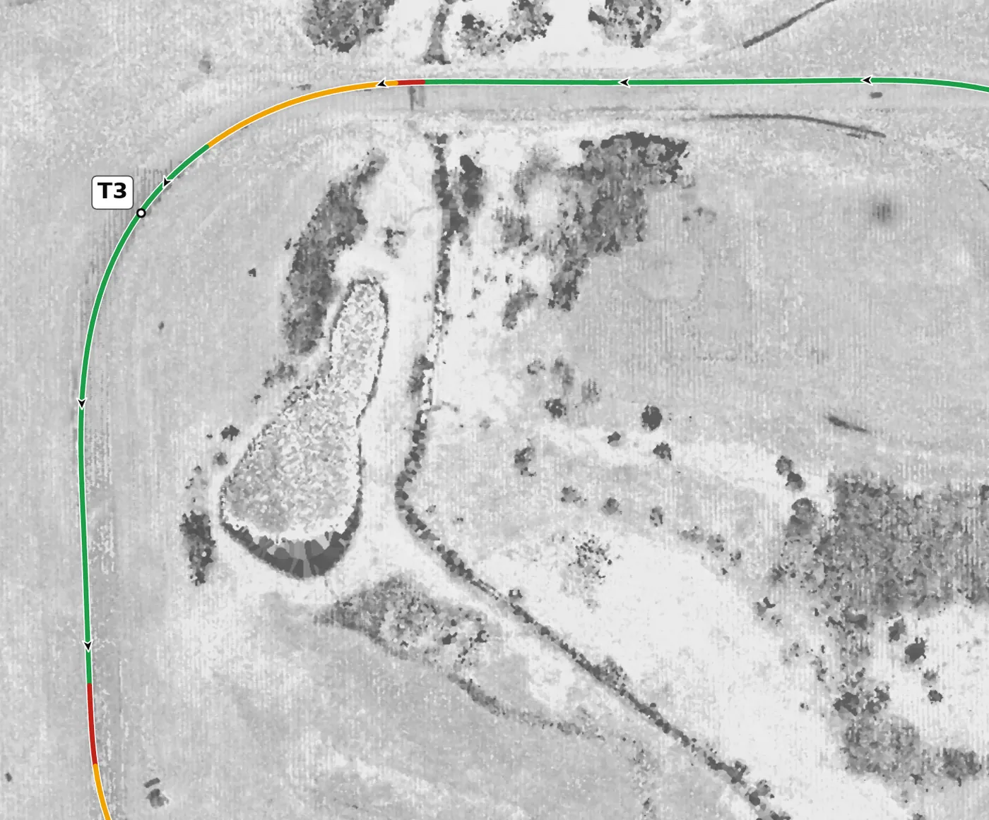 Autobahn (South) T3 race line close-up: Banked +3.2% at the apex; climbs about 1.6 m to the exit from the lowest point on the lap (180.1 m).