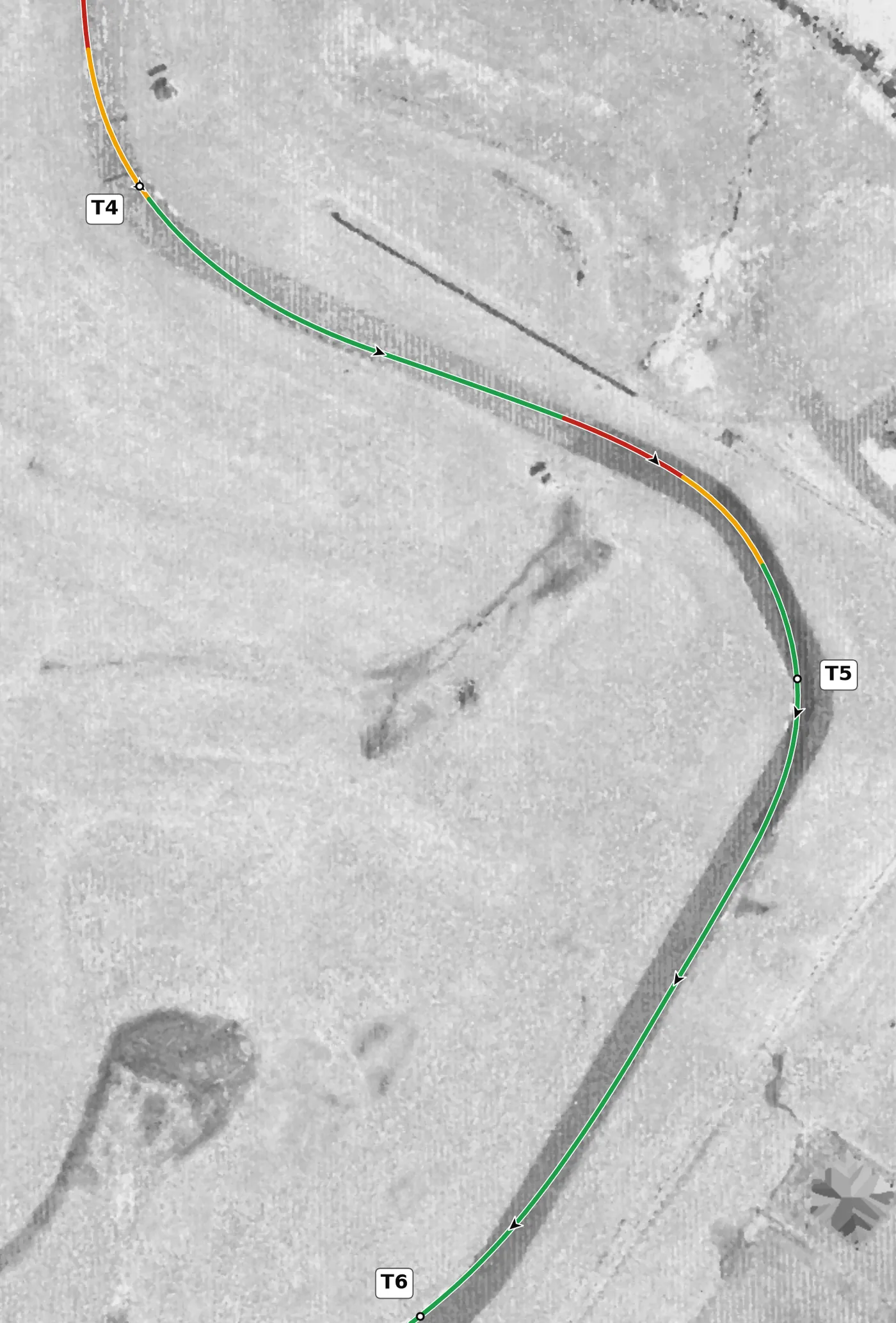 Autobahn (South) T5 race line close-up: Rises 1.0 m to the apex and 0.9 m after it, with a slight dip on entry.