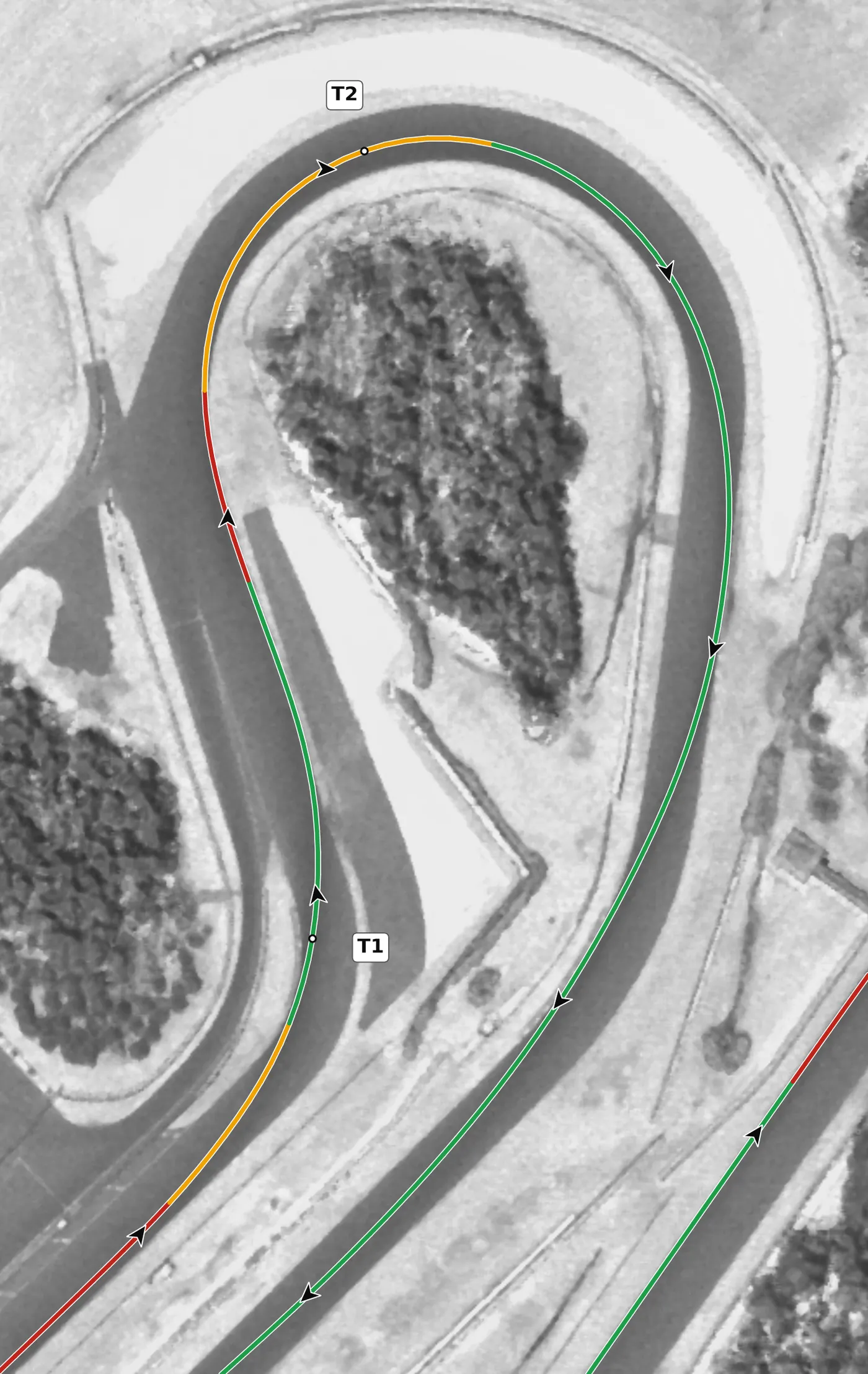 Barber T2 race line close-up: Banked about 9% at the apex.