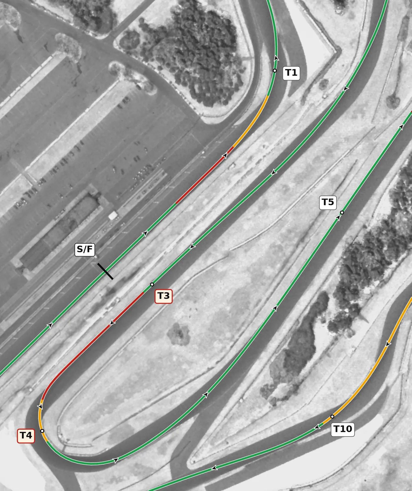 Barber T3 race line close-up: Off camber, and the crest before it unloads the car (−0.16 g).