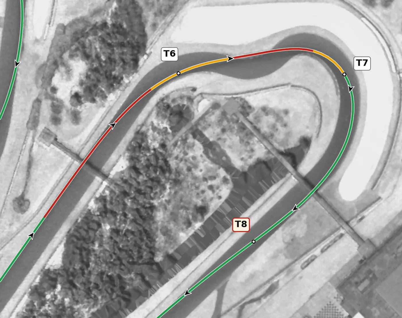 Barber T7 race line close-up: Banked about 9% at the apex.