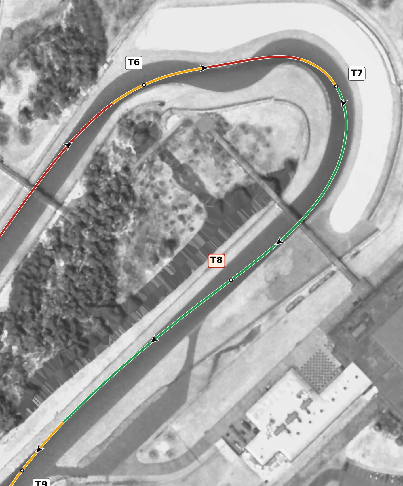 Barber T8 race line close-up: Off camber.