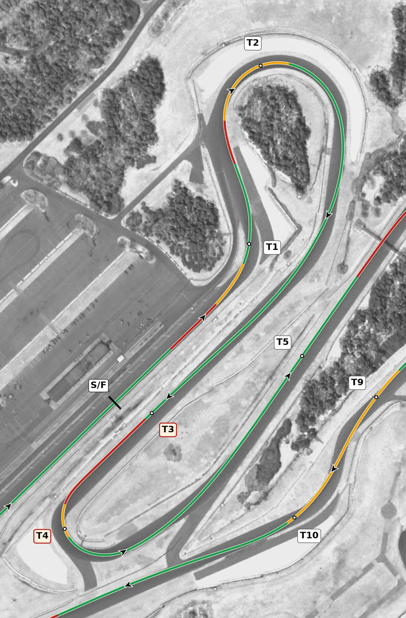 Barber race line, Sector 1: T1 to T4