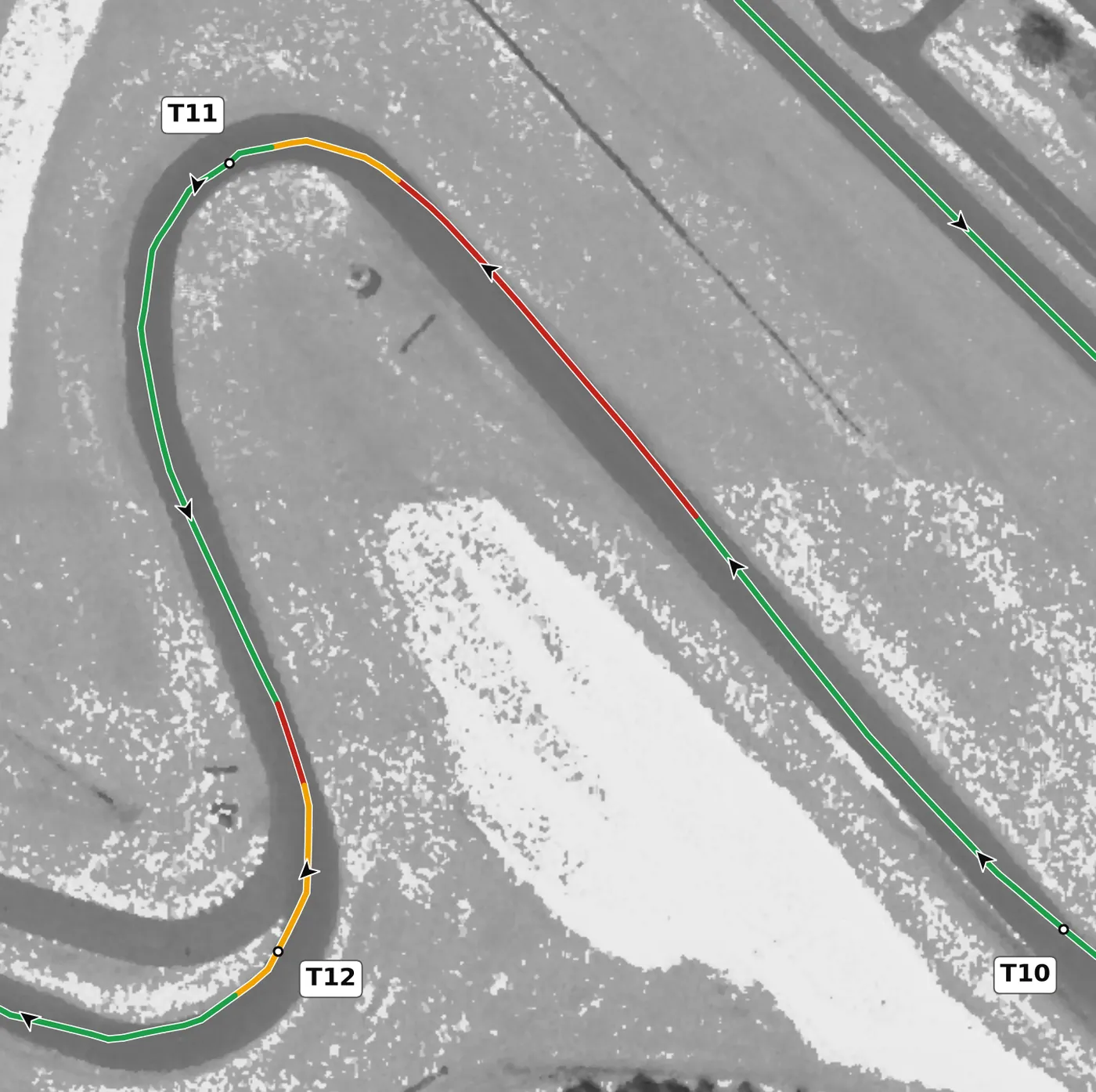 CMP T11 race line close-up: The highest point on the lap (147.1 m), and one of the two tightest corners (about 39 m radius).
