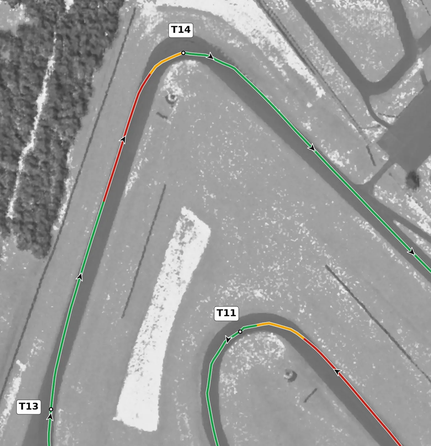 CMP T14 race line close-up: The other tight hairpin (about 39 m radius), on camber (+1.8%) onto the front straight.