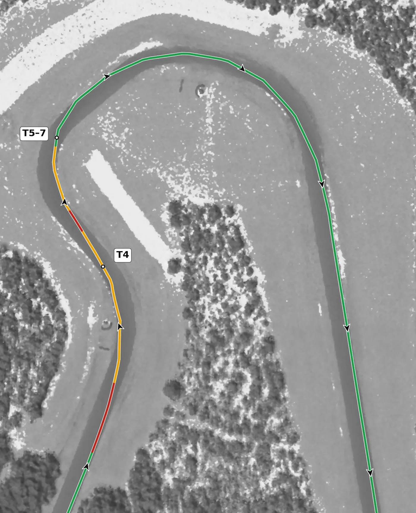 CMP T5–T7, the Carousel race line close-up: One 197° right-hand arc carrying three turn numbers, on camber (+1.4%) at the apex.