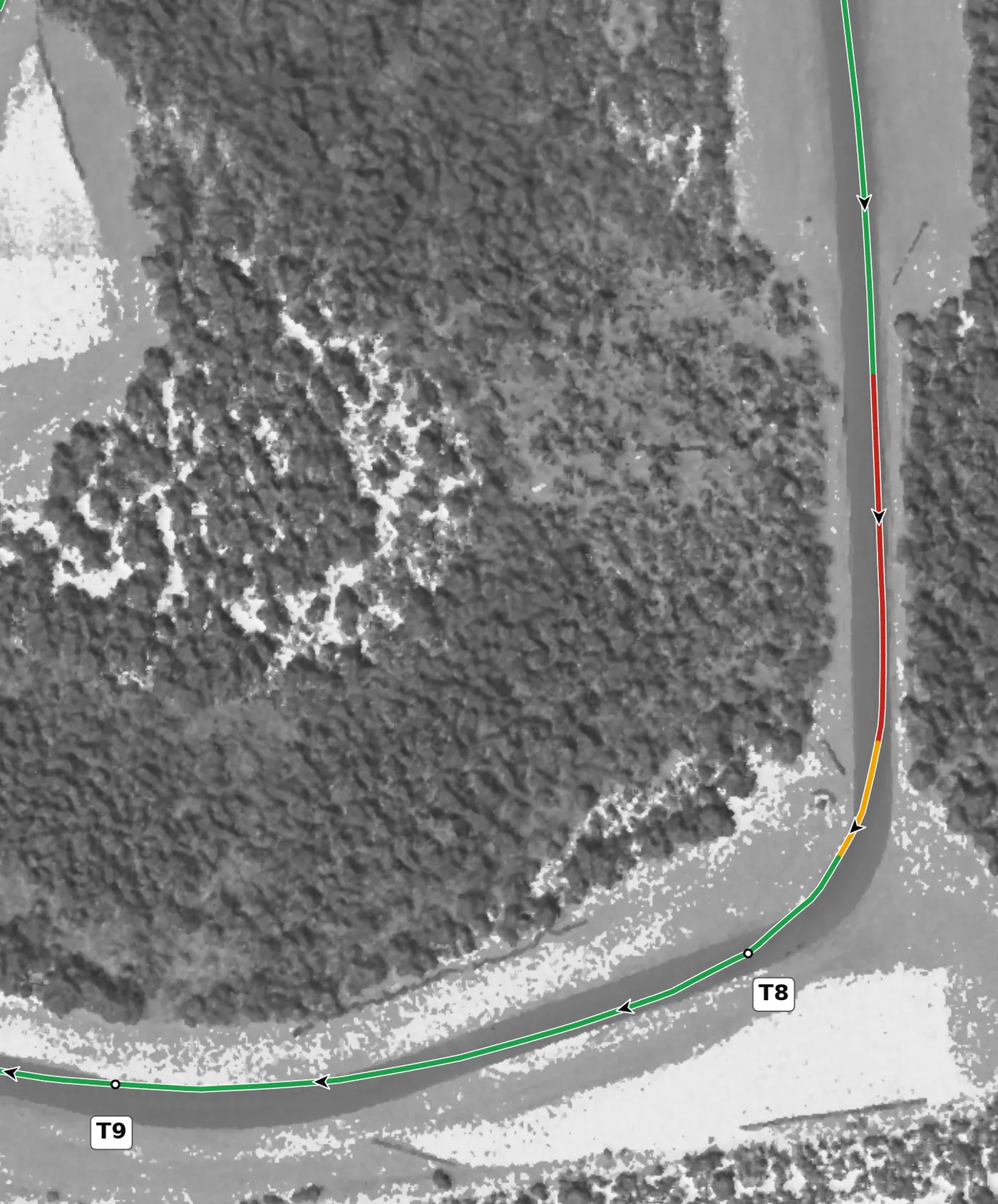 CMP T8 race line close-up: Banked, up to +6.3% through the corner, and climbing (+2.6%) out of the lowest point on the lap.