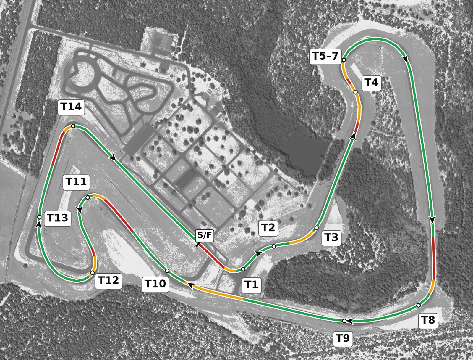 CMP full-lap race line map, driven clockwise, colored by throttle, lift and braking