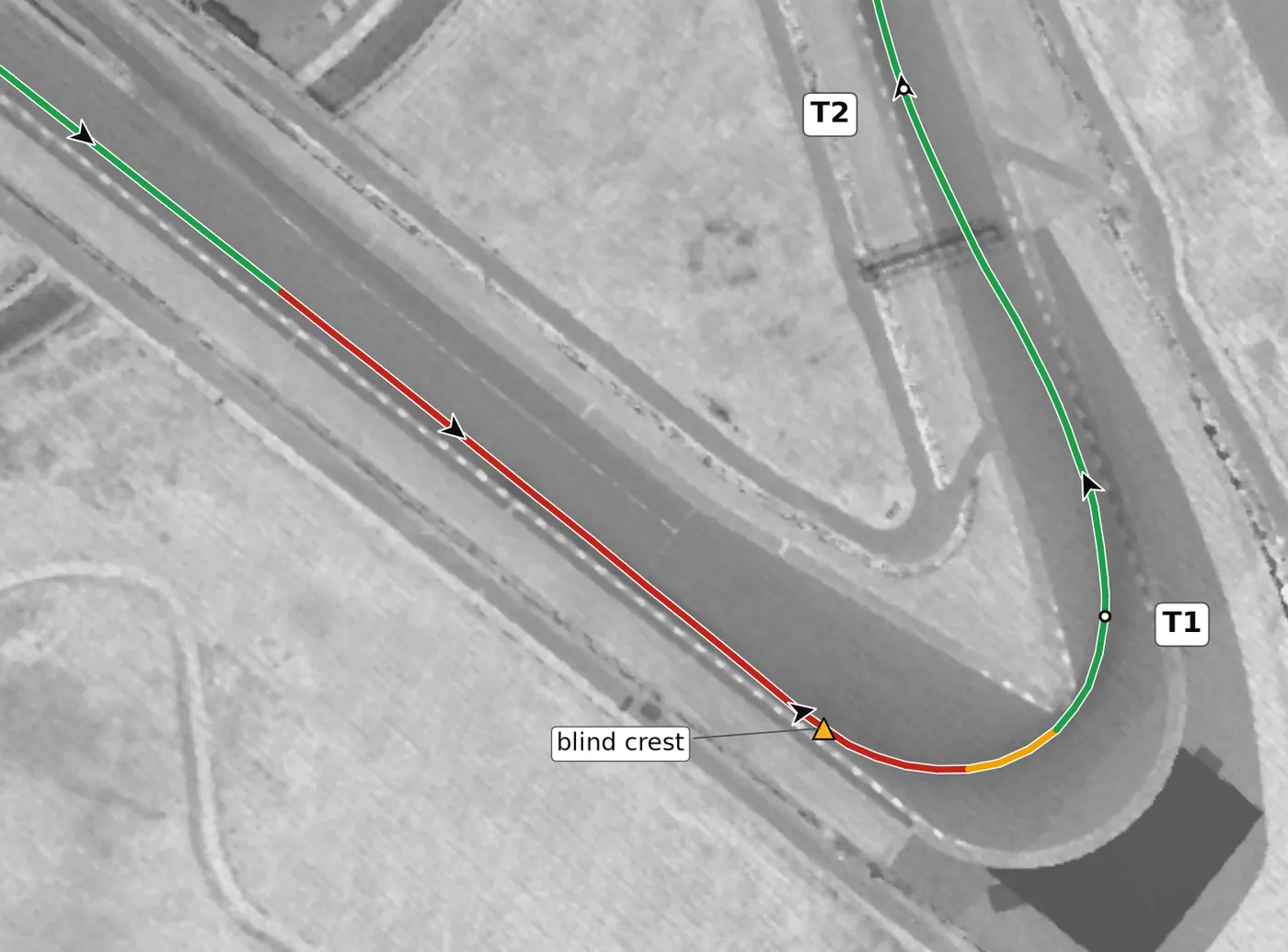 COTA T1 race line close-up: Brake uphill over a blind crest.