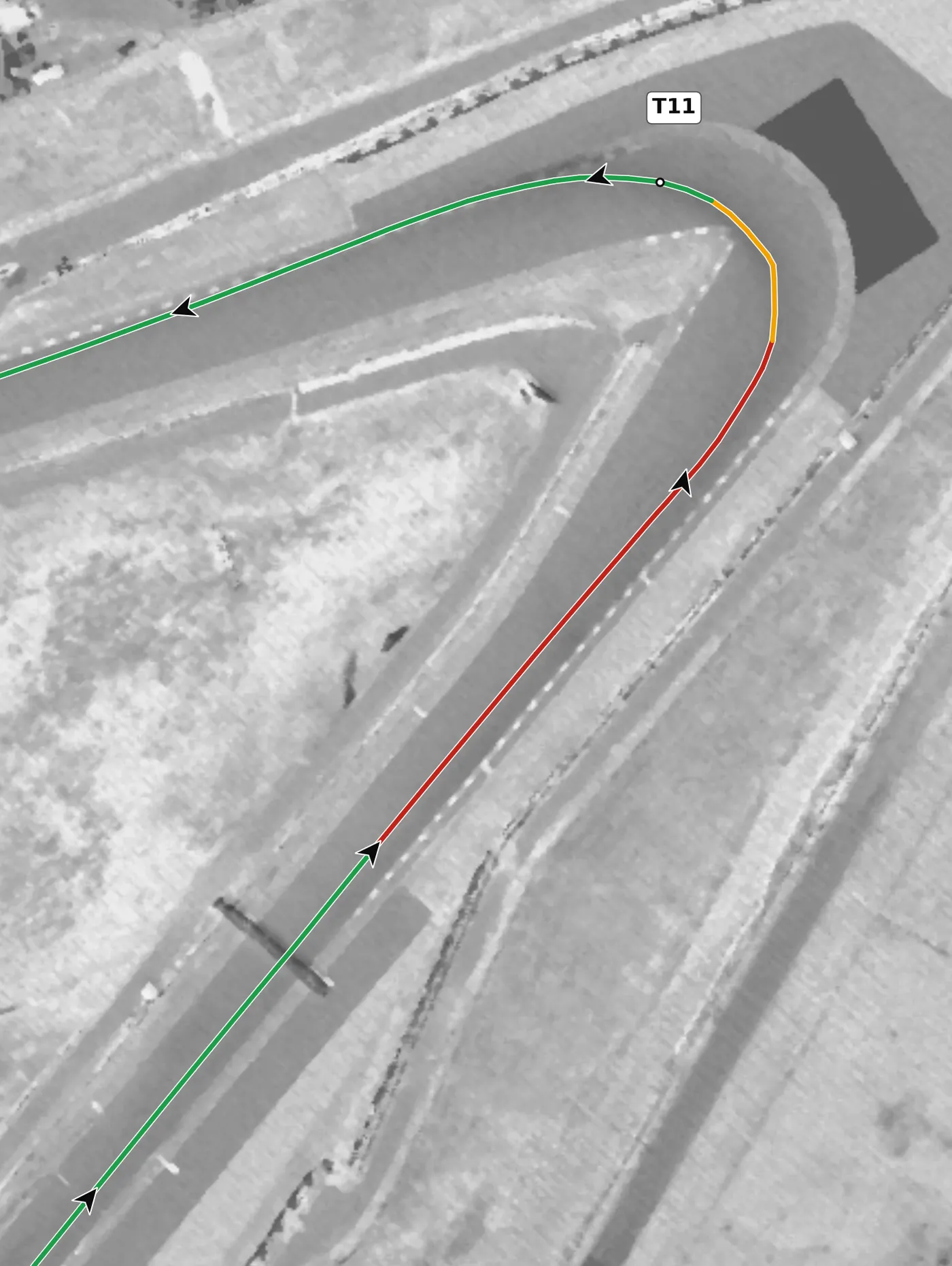 COTA T11 race line close-up: Opens the longest straight on the lap, so the exit is everything.