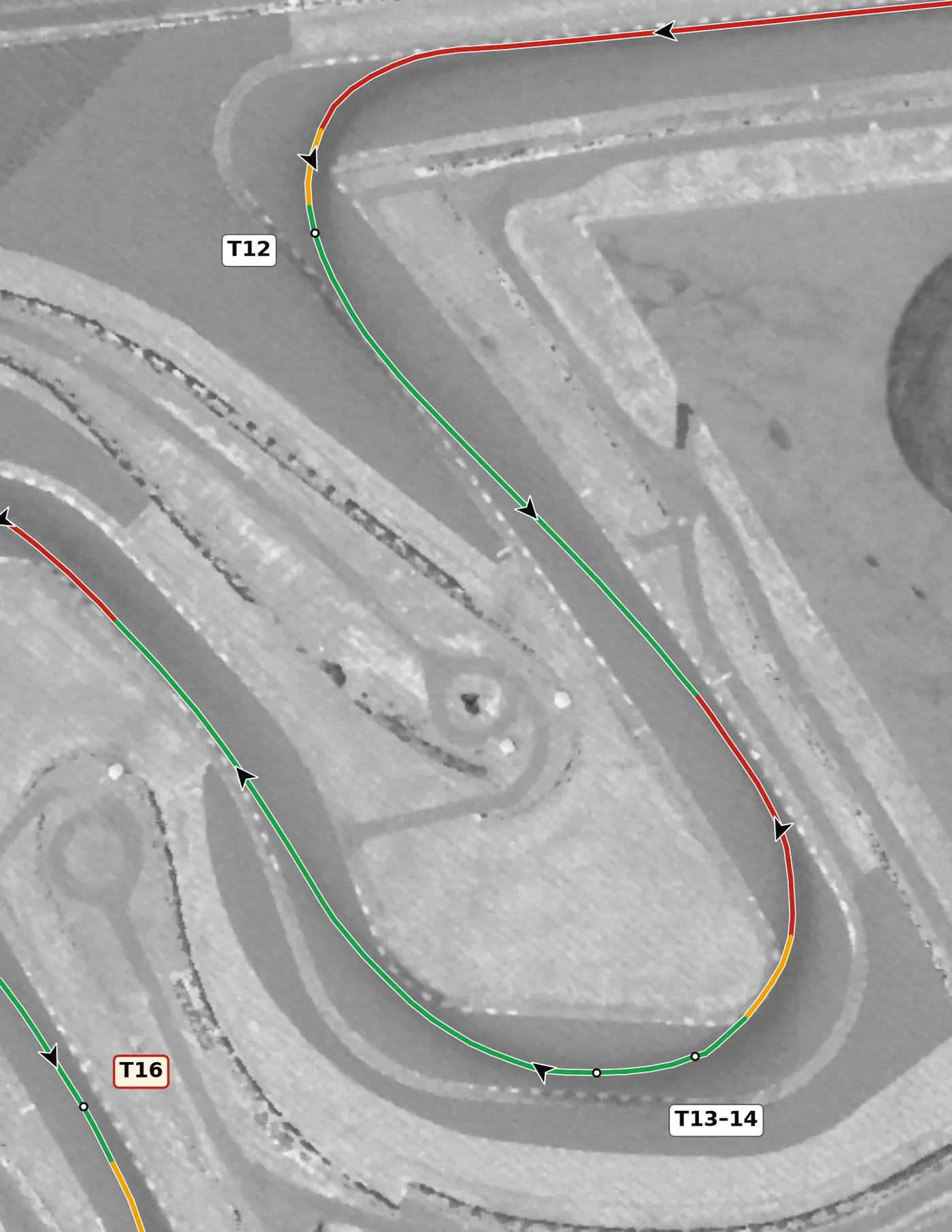 COTA T13–T14 race line close-up: 19 m apart, driven as one.