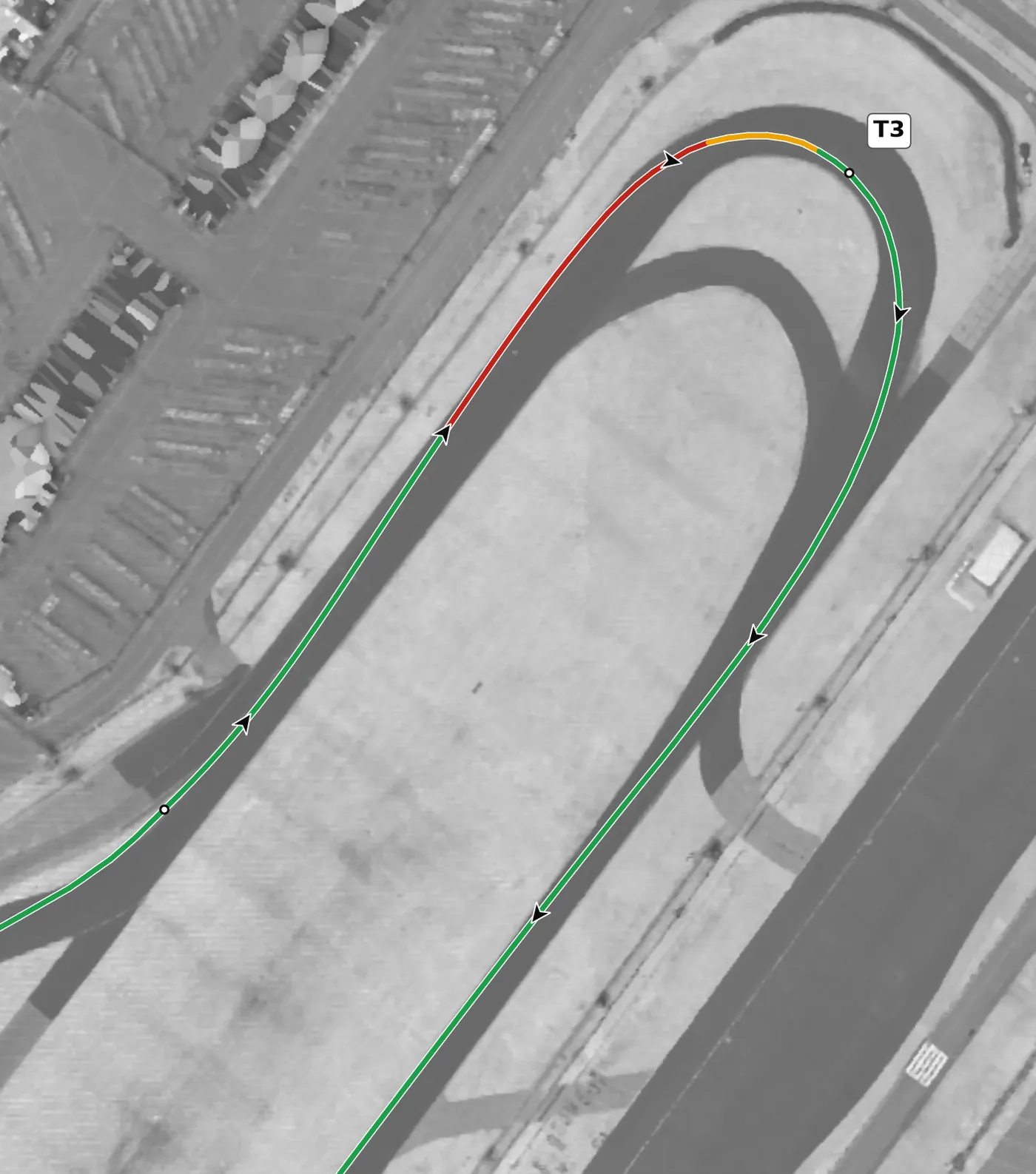 Daytona (road course) T3, the International Horseshoe race line close-up: +2.5% at the apex and dead flat in grade: the most on-camber corner in the infield.