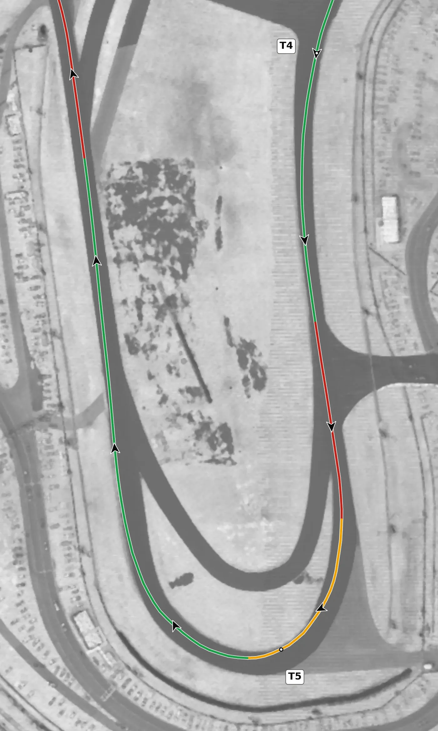 Daytona (road course) T5, the West Horseshoe race line close-up: +1.5% on camber; the lowest ground on the lap (7.75 m) is just after it.