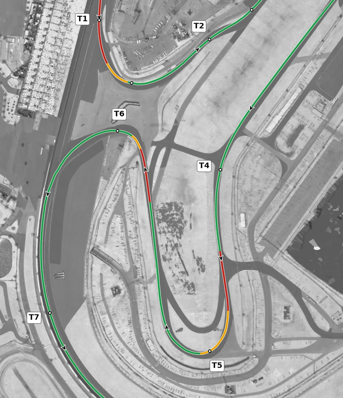 Daytona (road course) race line, Sector 2: T4 to T6