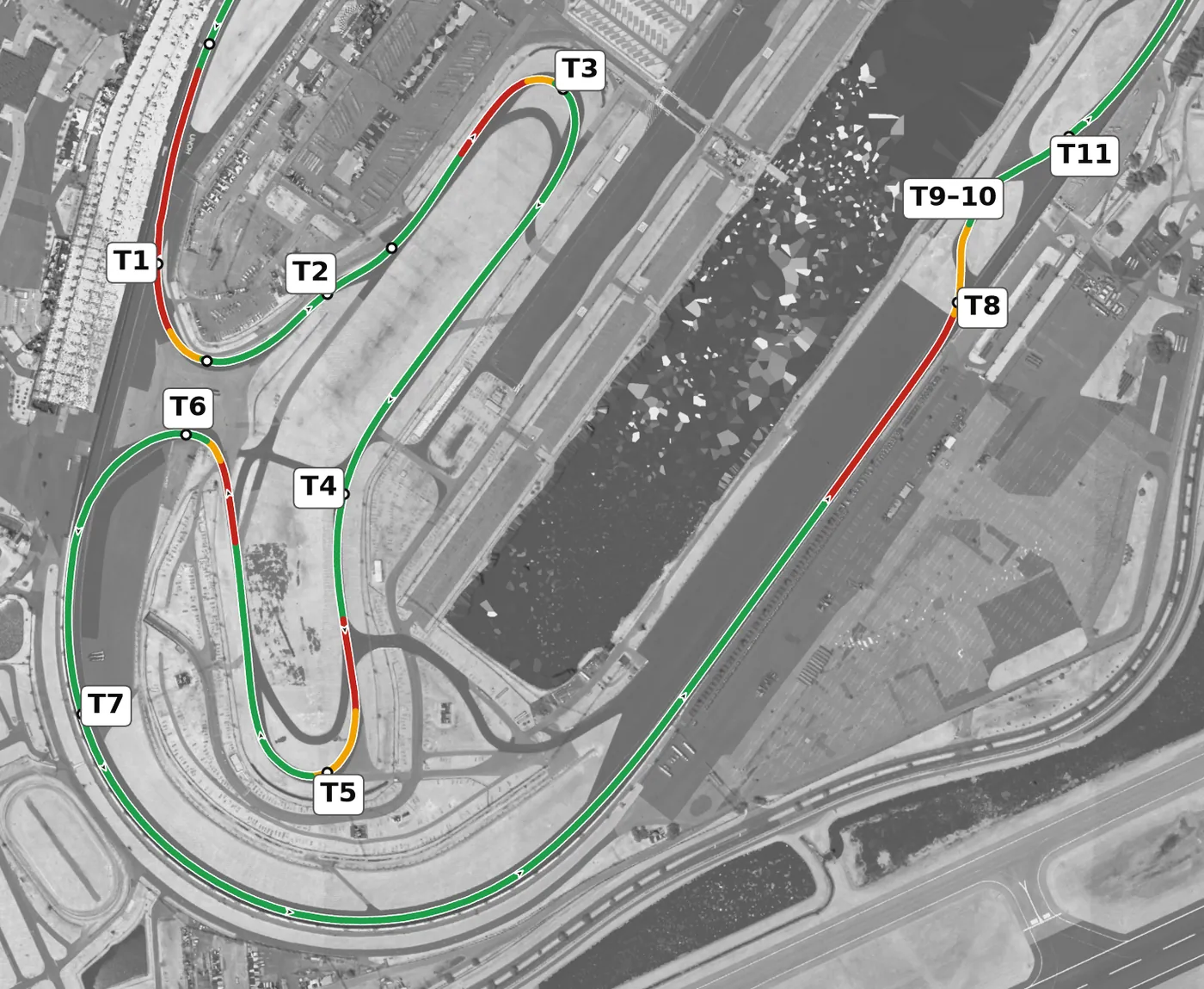 Daytona (road course) race line, Sector 3: T7 to T11