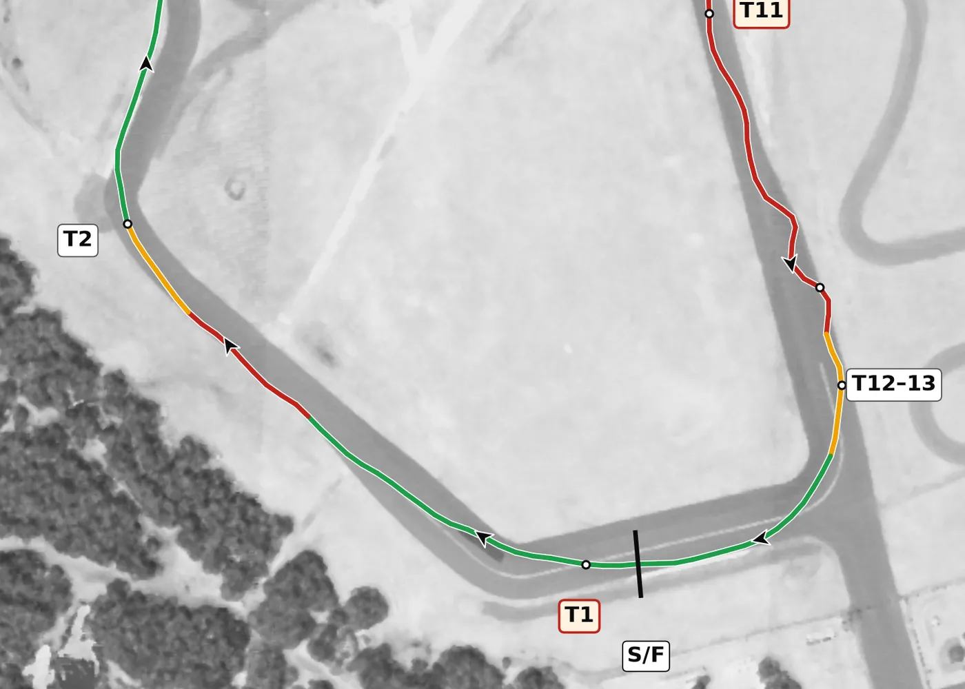 FIRM T1 race line close-up: Off camber at the apex (−0.6%).