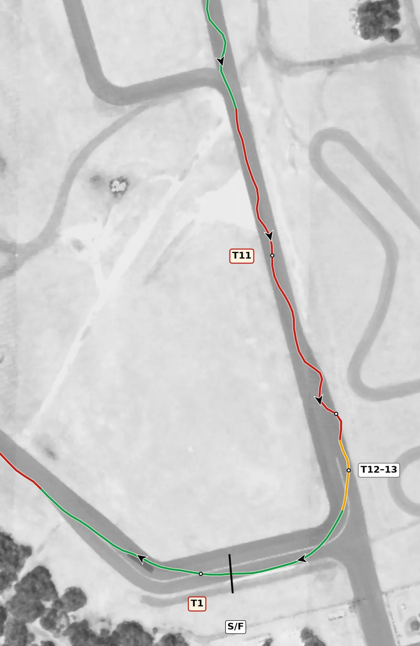 FIRM T12–T13 race line close-up: A 13° kink, then the last corner onto the start-finish straight.