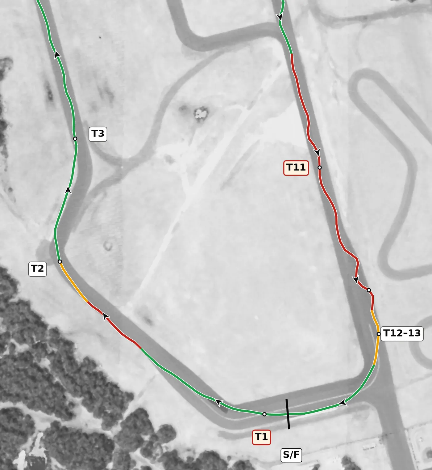 FIRM T2 race line close-up: The lowest point on the lap is on the way in; the road climbs +2.1% through the apex.