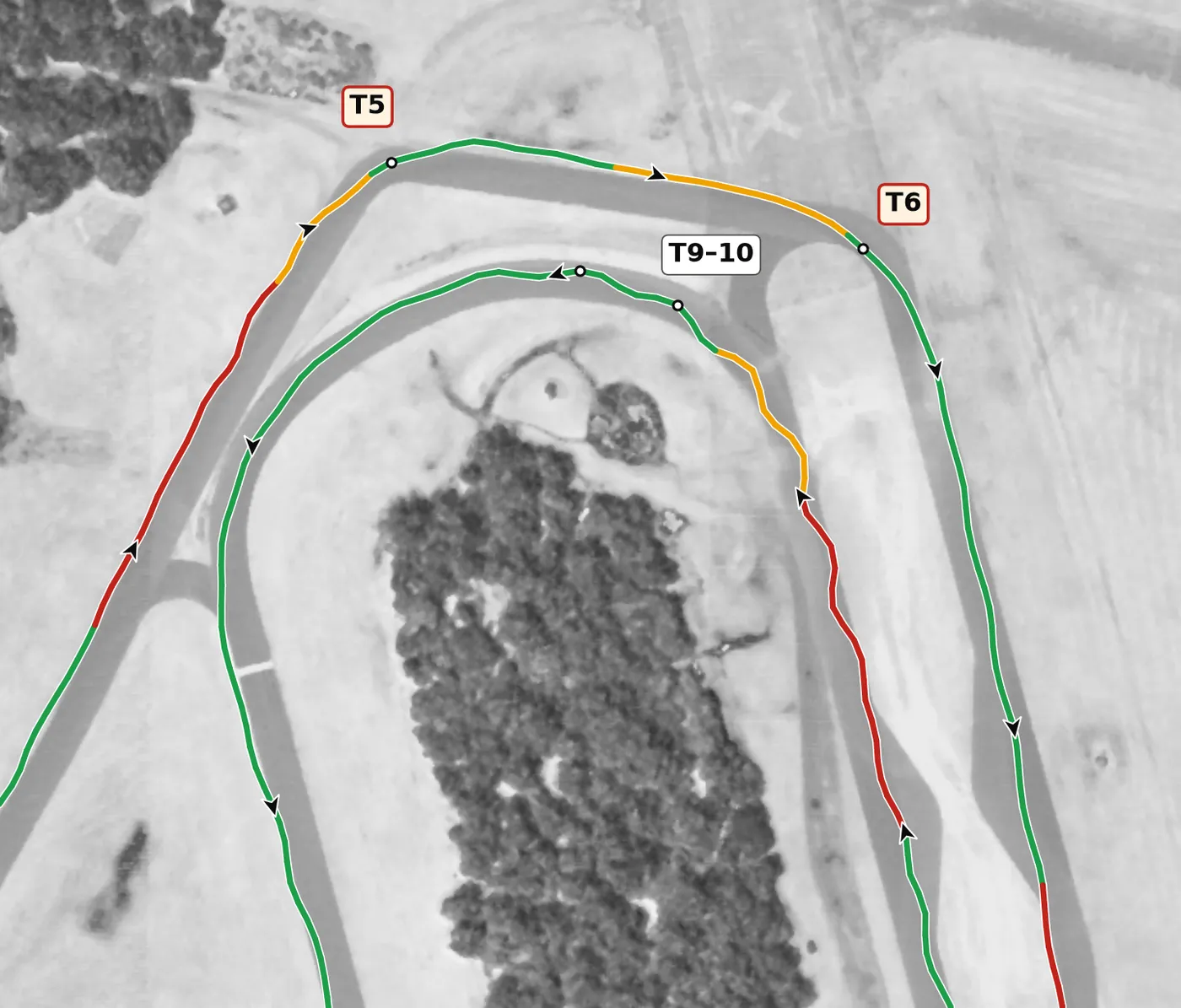 FIRM T6 race line close-up: The most off-camber apex on the lap (−1.8%).