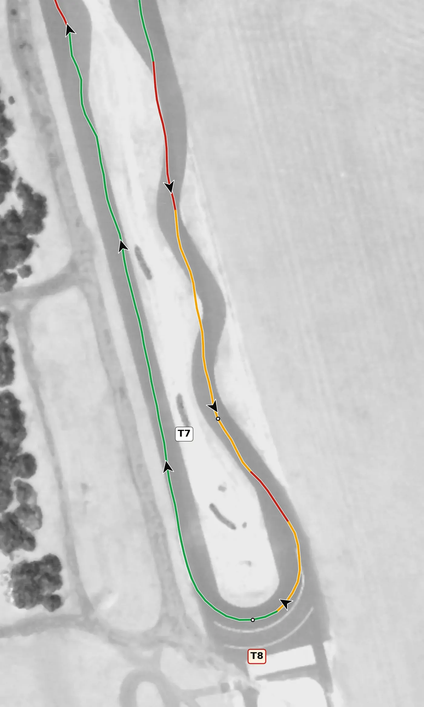 FIRM T8 race line close-up: The hairpin: 201° of turn, level, and slightly off camber (−0.3%) at the apex.