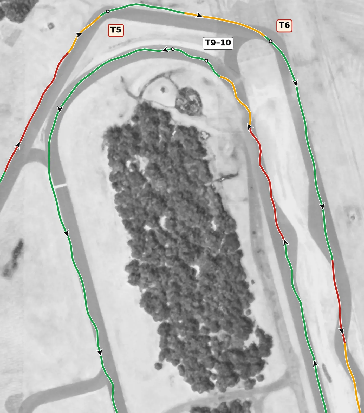 FIRM T9–T10 race line close-up: The only banked corner: +3.8% at T9's apex, +7.5% at T10's, up to +8.8%.