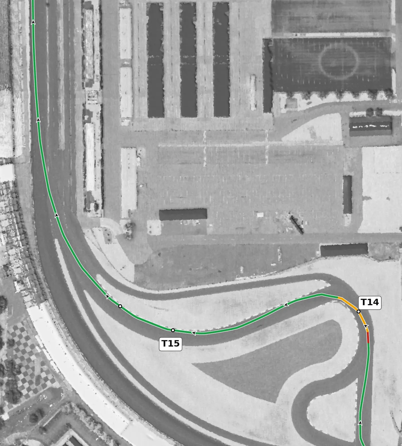 IMS road course T15 race line close-up: Off camber where the second part starts (−0.7%); the oval Turn 1 banking then reaches +7.3% on the line.