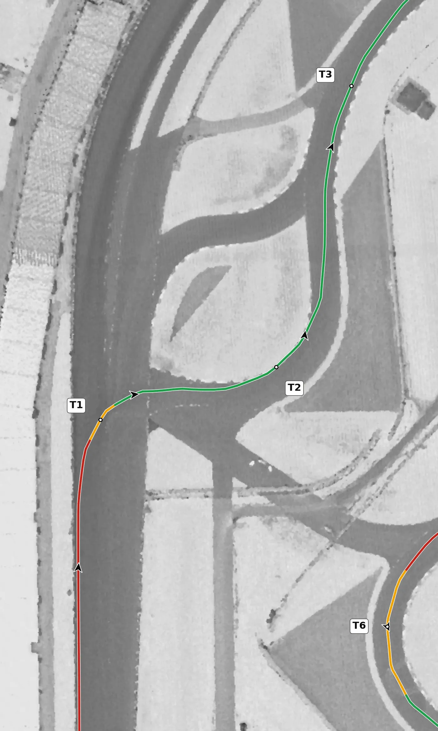 IMS road course T2 race line close-up: Climbs about 0.8 m from entry to apex.