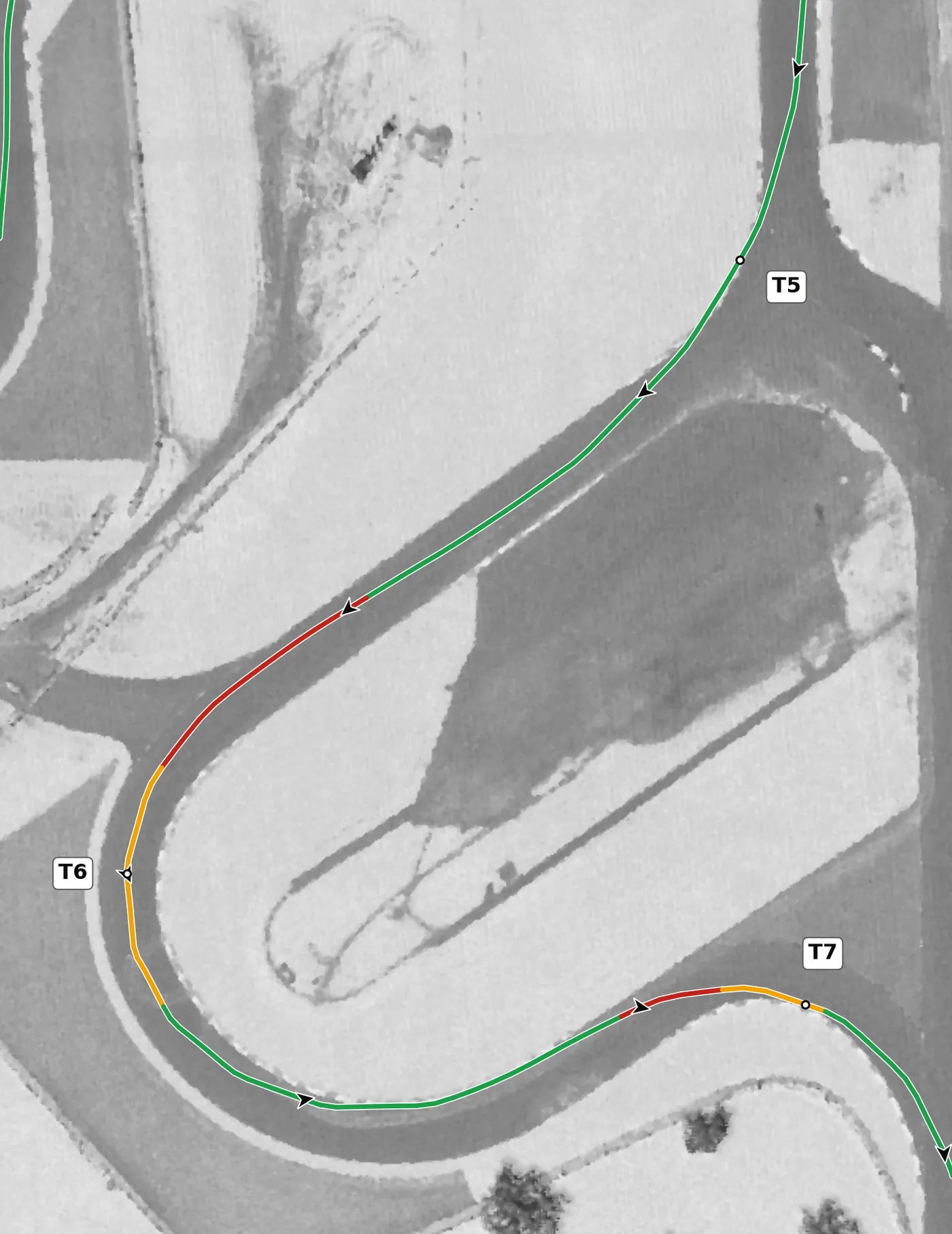 IMS road course T6 race line close-up: The biggest change of direction on the lap: about 178°.