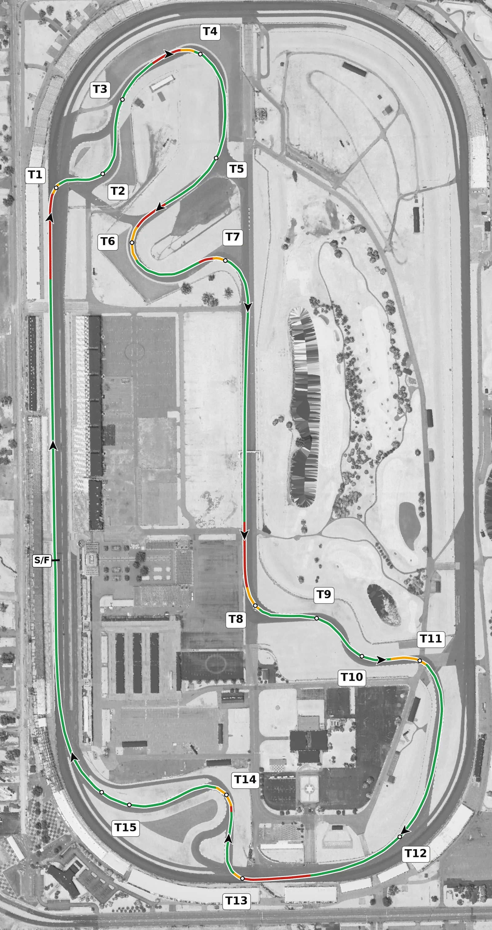 IMS road course full-lap race line map, driven clockwise, colored by throttle, lift and braking