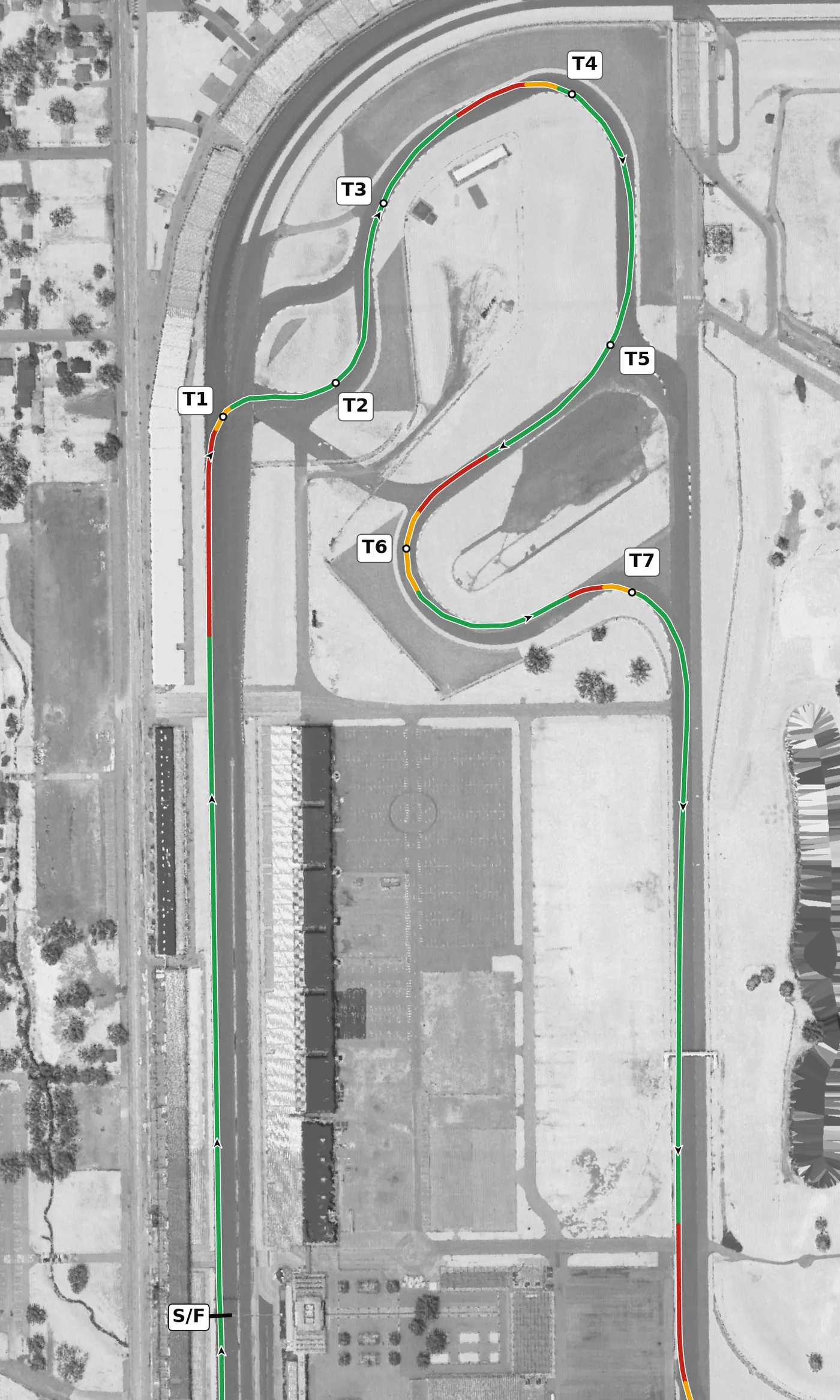 IMS road course race line, Sector 1: T1 to T4