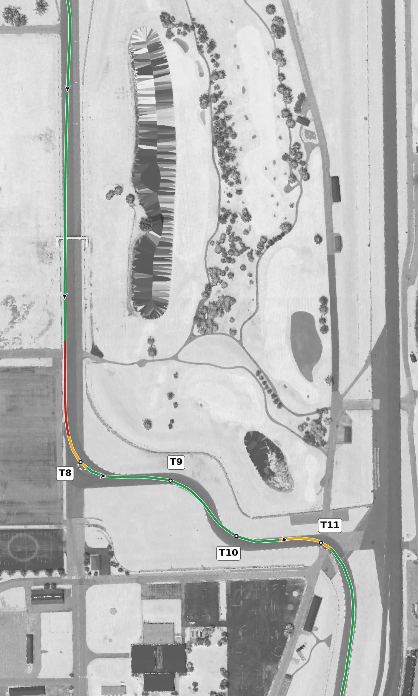 IMS road course race line, Sector 3: T8 to T11